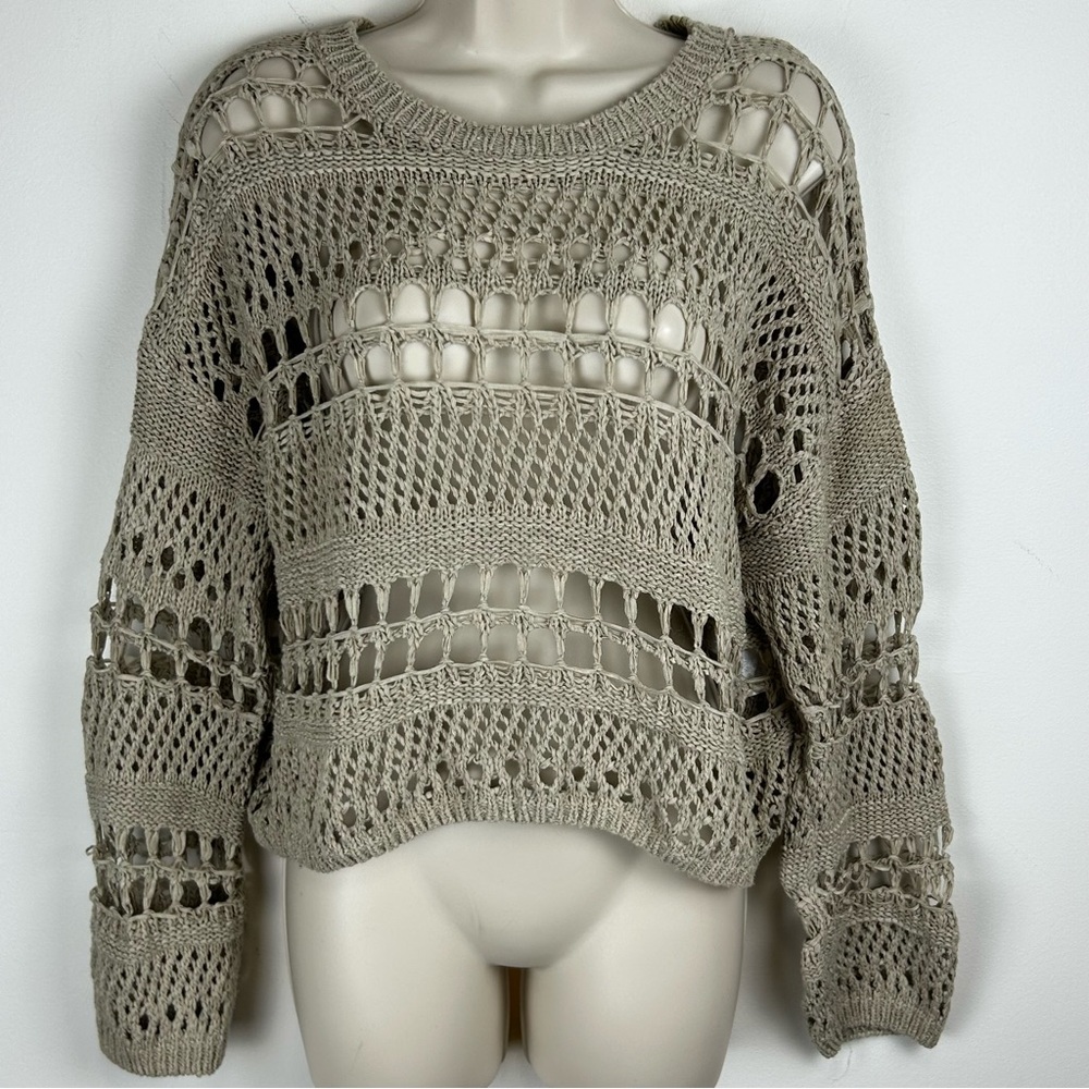 Pink Lily Taupe Open-Knit Crochet Sweater L Boho Cottagecore Layering Hippie